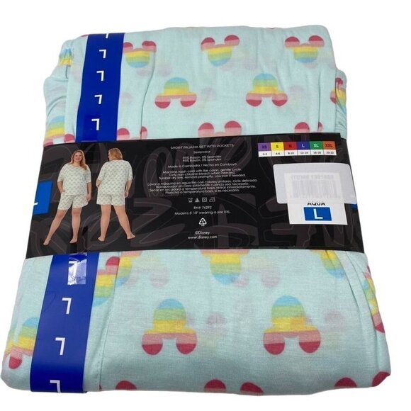 Disney Mickey Mouse Short Pajama Set Pockets Rainbow Ears Sz Large 12-14 B29 - Picture 5 of 5